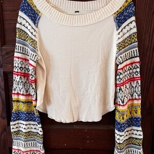 Free People Cream and Blue Crew Neck Sweater